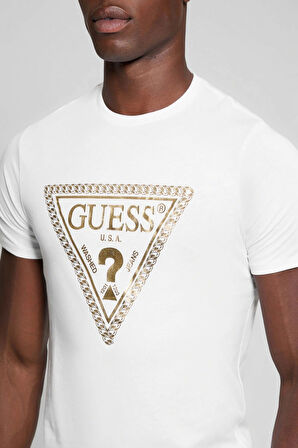 Guess Erkek Beyaz Üçgen Logolu T-Shirt