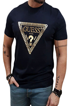 Guess Erkek Lacivert Üçgen Logolu T-Shirt