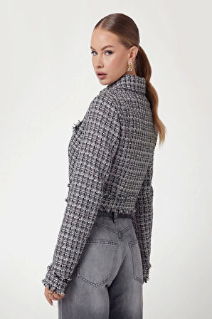 Guess Kadın Siyah Beyaz Daphnee Crop Kesim Tüvit Ceket