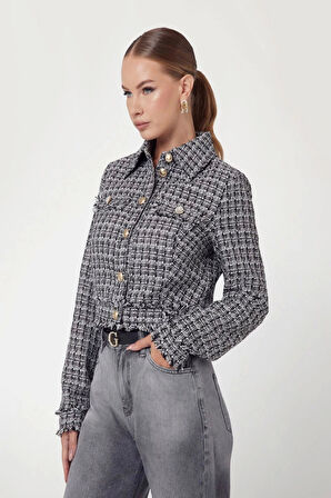 Guess Kadın Siyah Beyaz Daphnee Crop Kesim Tüvit Ceket