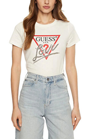 Guess Kadın Beyaz Logolu T-Shirt