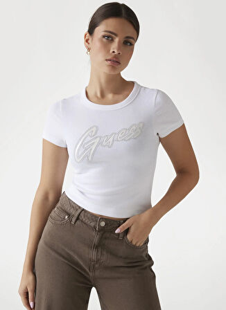 Guess Beyaz Kadın T-Shirt SS CN RIB LOGO TEE - ORG CO GUNNAR
