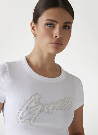 Guess Beyaz Kadın T-Shirt SS CN RIB LOGO TEE - ORG CO GUNNAR
