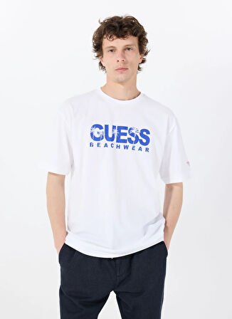 Guess Bisiklet Yaka Desenli Beyaz Erkek T-Shirt SS CN GUESS LOGO TEE
