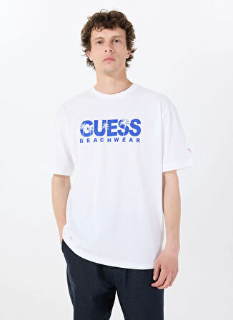 Guess Bisiklet Yaka Desenli Beyaz Erkek T-Shirt SS CN GUESS LOGO TEE