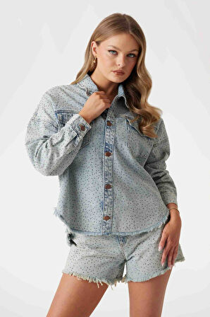 Kadın Western Shacket Suni Taş İşlemeli Denim Ceket - Mavi | L