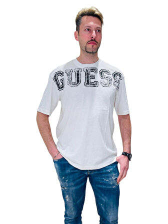 Guess Erkek Beyaz Bugler Logolu Tişört