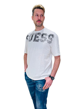 Guess Erkek Beyaz Bugler Logolu Tişört