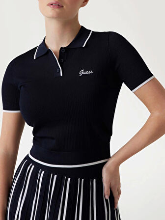 Guess Kadın Lacivert Polo Yaka Triko Kazak