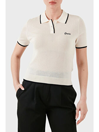 Guess Kadın Bej Polo Yaka Triko Kazak