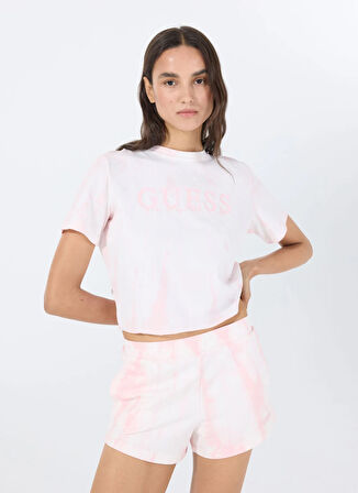Guess V5GI19I3Z14F6EX GENZIANA CROP TEE Pembe Yuvarlak Yaka Box Fit Desenli Kadın T-Shirt