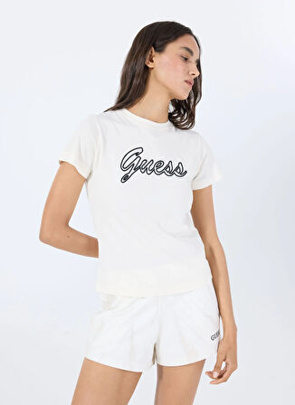 Guess V5GI02K9RM1G1O6 ACTIVE TEE Beyaz Yuvarlak Yaka Slim Fit Desenli Kadın T-Shirt