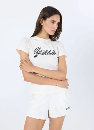 Guess V5GI02K9RM1G1O6 ACTIVE TEE Beyaz Yuvarlak Yaka Slim Fit Desenli Kadın T-Shirt