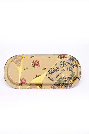 Golden Blooms Desenli Baton Metal Tepsi, 16 x 35 cm