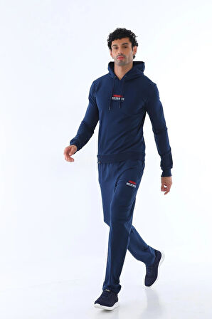 Erkek Sweat Kapüşonlu Iki Iplik Armalı Açık Lacivert Eşofman Takımı - 7627