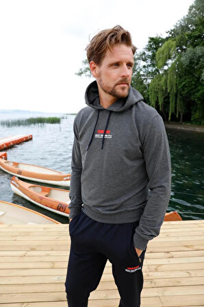 Erkek Sweatshirt Kapüşonlu Iki Iplik Armalı Antrasit Eşofman Takımı - 7627