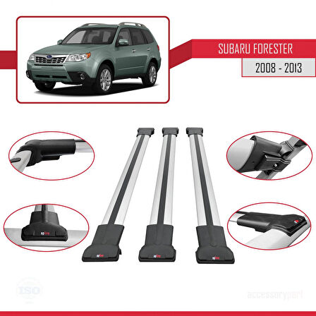 Subaru Forester 3 (SH) 2008-2013 Arası ile Uyumlu FLY Model Ara Atkı Tavan Barı Gri 3 Adet