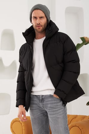 Erkek Garnili Su Ve Rüzgar Geçirmez Oversize Şişme Mont Siyah