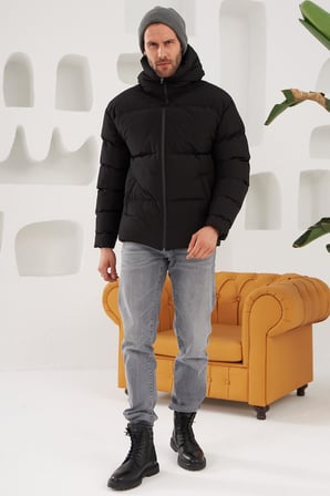 Erkek Garnili Su Ve Rüzgar Geçirmez Oversize Şişme Mont Siyah