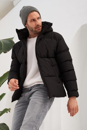 Erkek Garnili Su Ve Rüzgar Geçirmez Oversize Şişme Mont Siyah