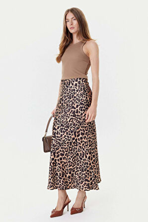 Kadın Sibilla Leopar Desenli Midi Etek - Çok Renkli | L
