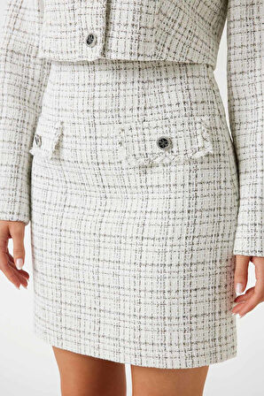 Kadın Annamaria Düğme Detaylı Tüvit Mini Etek - Ekru | XS