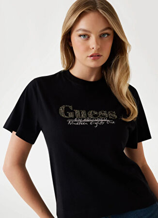 Guess Yuvarlak Yaka Baskılı Siyah Kadın T-Shirt Tour Kadın Boxy Fit T-Shirt