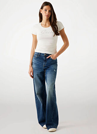 Guess Yuvarlak Yaka Baskılı Bej Kadın T-Shirt Embro Kadın Slim Fit T-Shirt