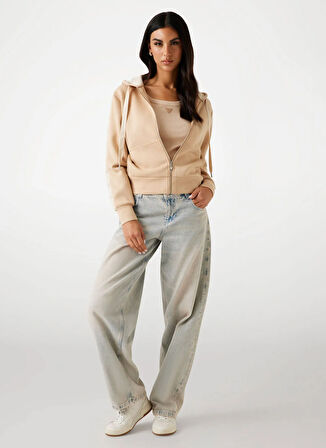 Guess Kapüşon Yaka Düz Krem Kadın Sweatshırt New Hooded Kadın Scuba Sweatshirt