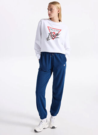 Guess Yuvarlak Yaka Baskılı Beyaz Kadın Sweatshırt Studded Kadın Sweatshirt