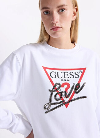 Guess Yuvarlak Yaka Baskılı Beyaz Kadın Sweatshırt Studded Kadın Sweatshirt
