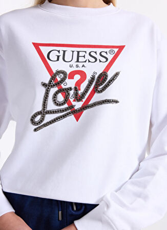 Guess Yuvarlak Yaka Baskılı Beyaz Kadın Sweatshırt Studded Kadın Sweatshirt