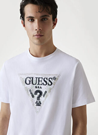 Guess Bisiklet Yaka Baskılı Beyaz Erkek T-Shirt M5YI15I3Z14-G011 Triangle Erkek Reg