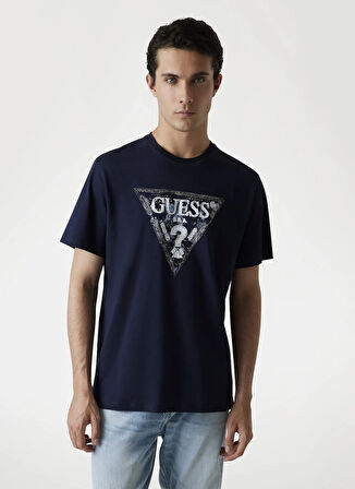 Guess Bisiklet Yaka Baskılı Lacivert Erkek T-Shirt M5YI15I3Z14-G7V2 Triangle Erkek Reg