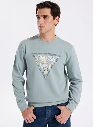 Guess Bisiklet Yaka Mavi Erkek Sweatshırt M5YQ05K68I4-G9L8 Triangle Erkek Sw