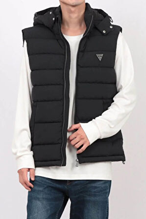 Erkek Kapüşonlu Fermuarlı Şişme Yelek - Siyah | S