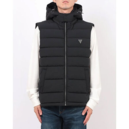 Erkek Kapüşonlu Fermuarlı Şişme Yelek - Siyah | S