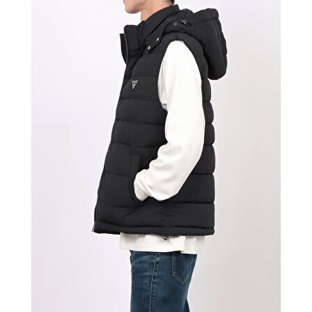 Erkek Kapüşonlu Fermuarlı Şişme Yelek - Siyah | S