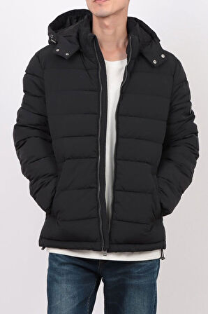 Erkek Kapüşonlu Fermuarlı Şişme Mont - Siyah | L