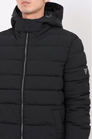 Erkek Kapüşonlu Fermuarlı Şişme Mont - Siyah | L