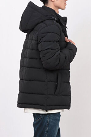 Erkek Kapüşonlu Fermuarlı Şişme Mont - Siyah | L