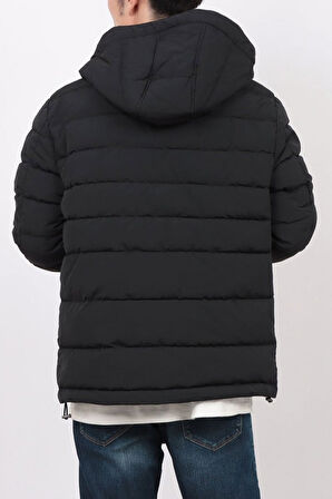 Erkek Kapüşonlu Fermuarlı Şişme Mont - Siyah | L