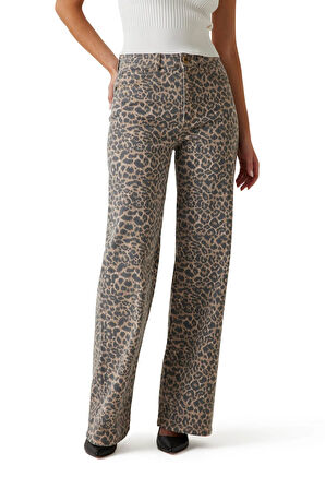 Kadın Leopar Desenli Relaxed Fit Geniş Paça Pantolon - Mix | 29/30