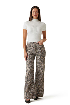 Kadın Leopar Desenli Relaxed Fit Geniş Paça Pantolon - Mix | 29/30