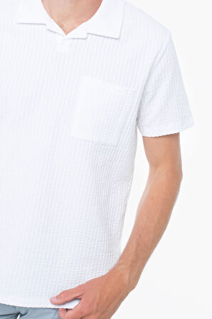 Erkek Seersucker  Gofre Kumaş T-Shirt - Beyaz | L