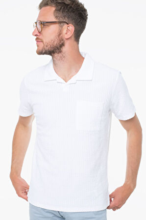 Erkek Seersucker  Gofre Kumaş T-Shirt - Beyaz | XL