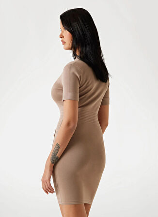 Guess Ceket Yaka Düz Bej Kısa Kadın Elbise Felicity Kadın Triko Elbise