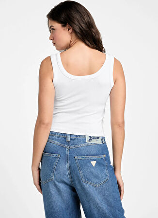 Guess Kare Yaka Düz Beyaz Kadın Atlet Patch Kadın Top