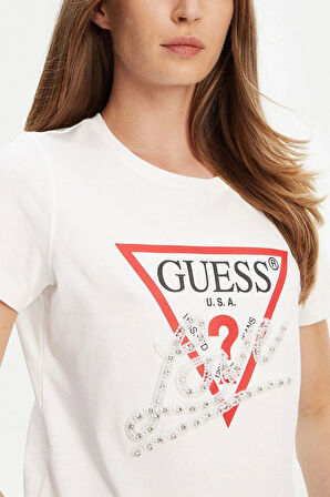Guess Pearls Kadın Beyaz Regular Fit T-Shirt W5YI40I3Z14-G011