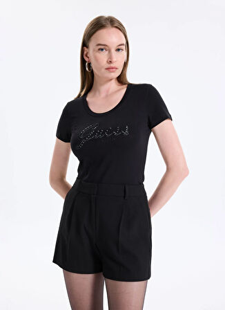 Guess Yuvarlak Yaka Baskılı Siyah Kadın T-Shirt Embro Kadın Slim Fit T-Shirt